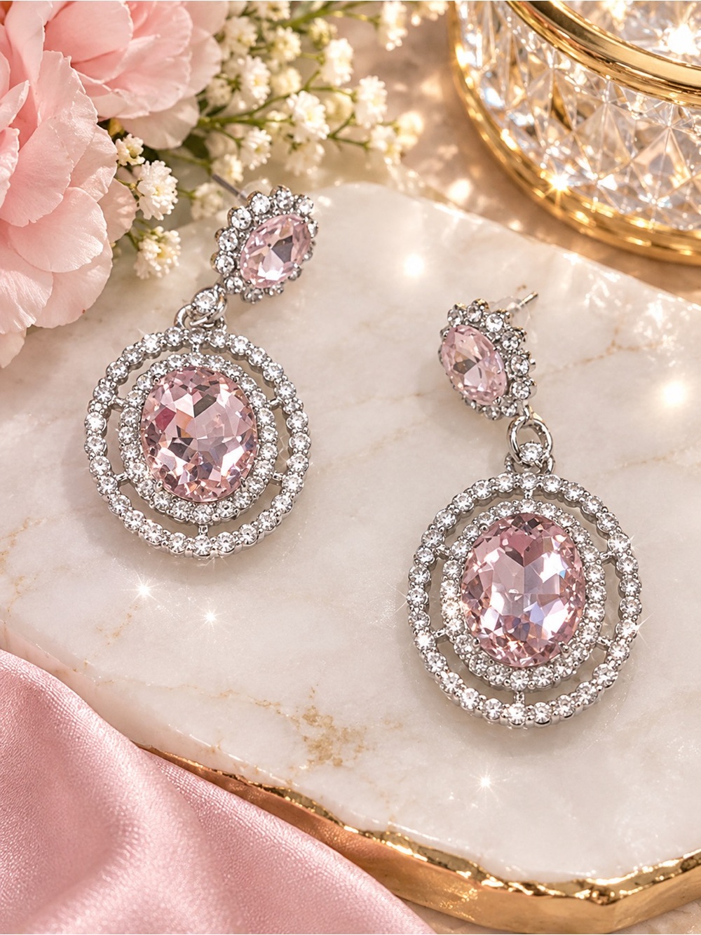 Elegant Pink Crystal Drop Earrings - Sparkling Double Halo